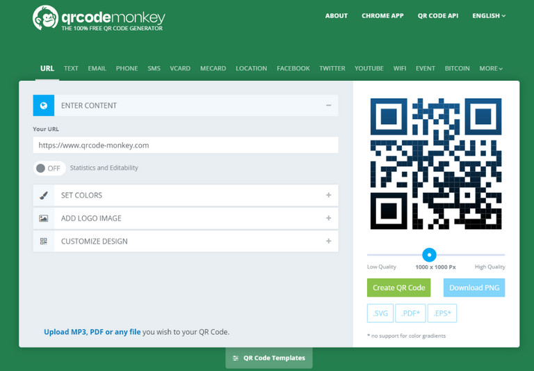 QR Code Monkey hỗ trợ tùy chọn tải tải xuống mã QR ở nhiều định dạng 